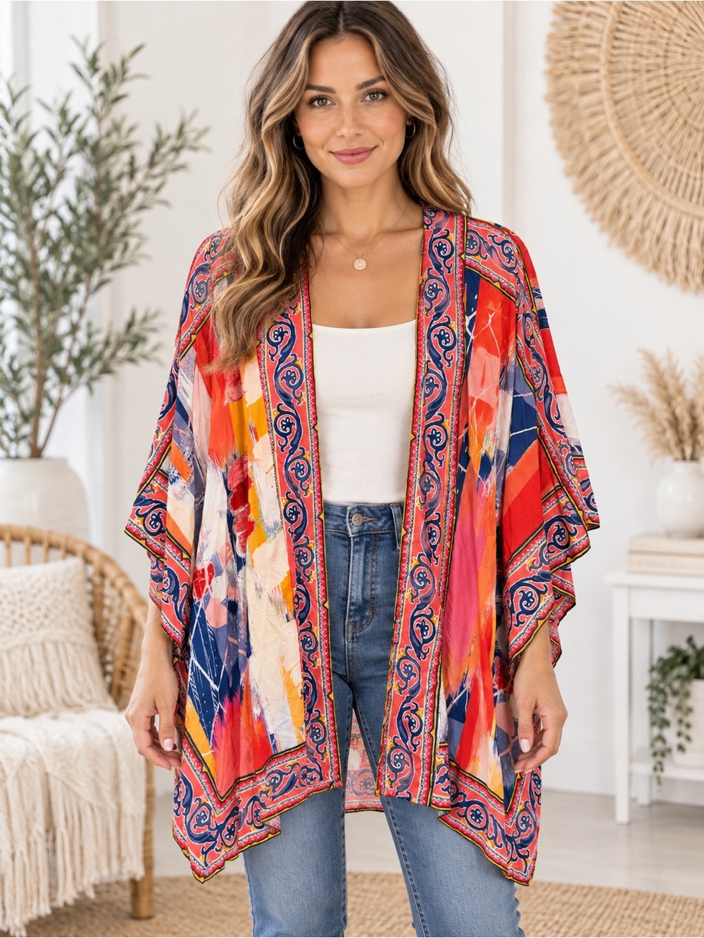 Tolani Red & Blue Multicolor Open Kimono Cape